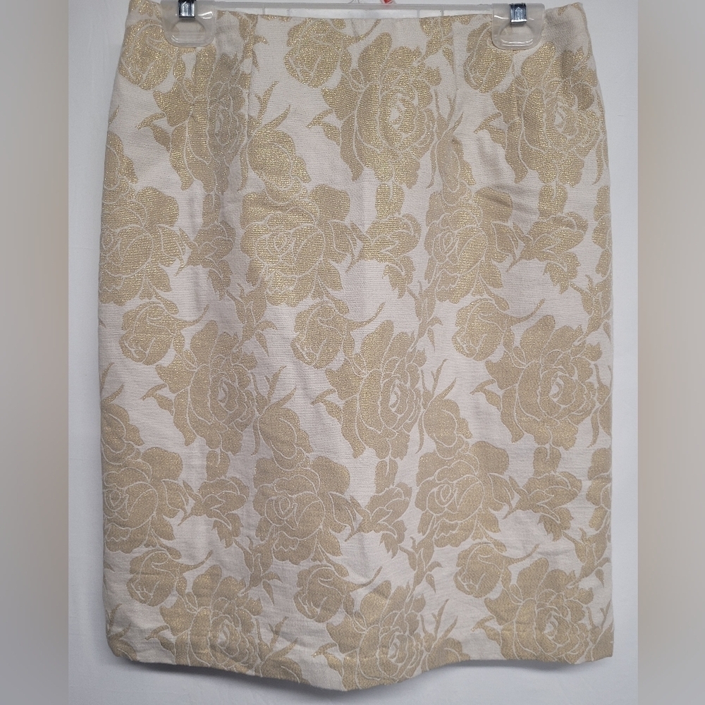 Jaclyn Smith 8 Gold Metallic Floral A Line Skirt Lined Hidden Zipper Like New